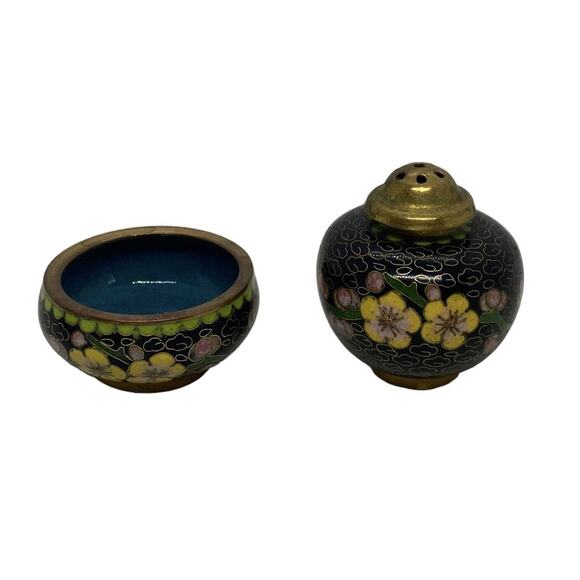 Vintage Set Chinese Black Cloisonné Salt Cellar Pepper Shaker Flowers Design - Picture 11 of 16